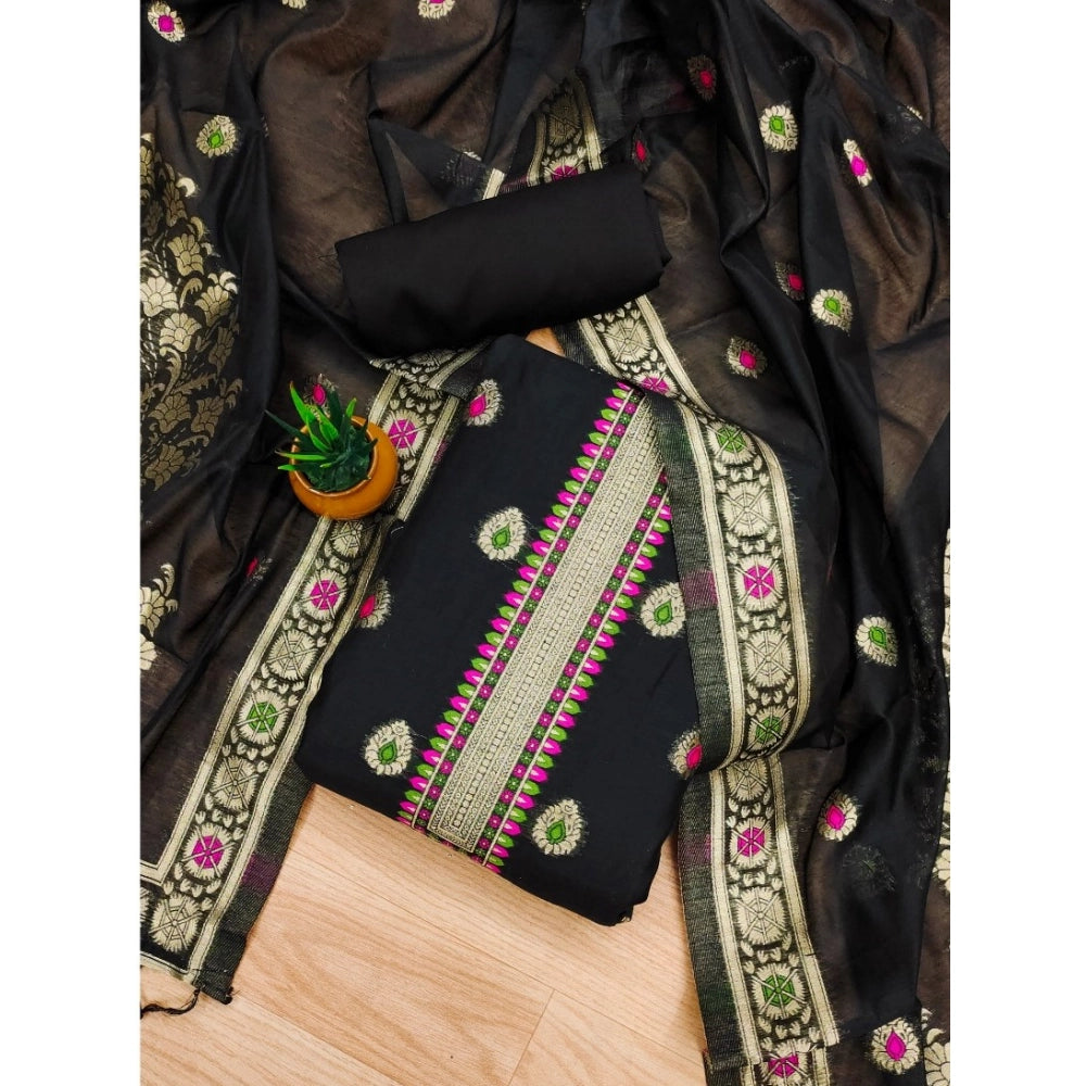 Women's Banarasi Silk Printed Unstitched Salwar Suit Material With Dupatta (Black, 3Mtrs)