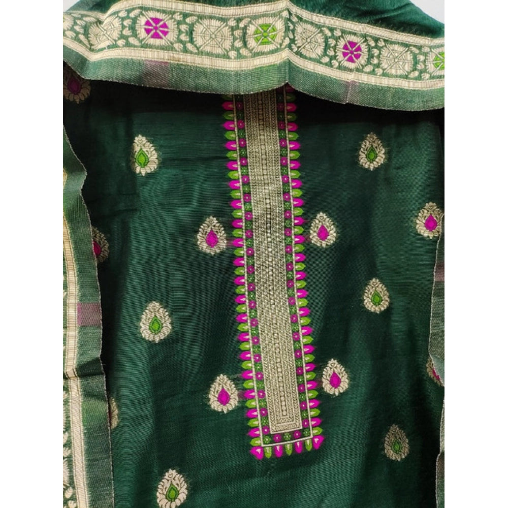 Women's Banarasi Silk Printed Unstitched Salwar Suit Material With Dupatta (Bottle Green, 3Mtrs)