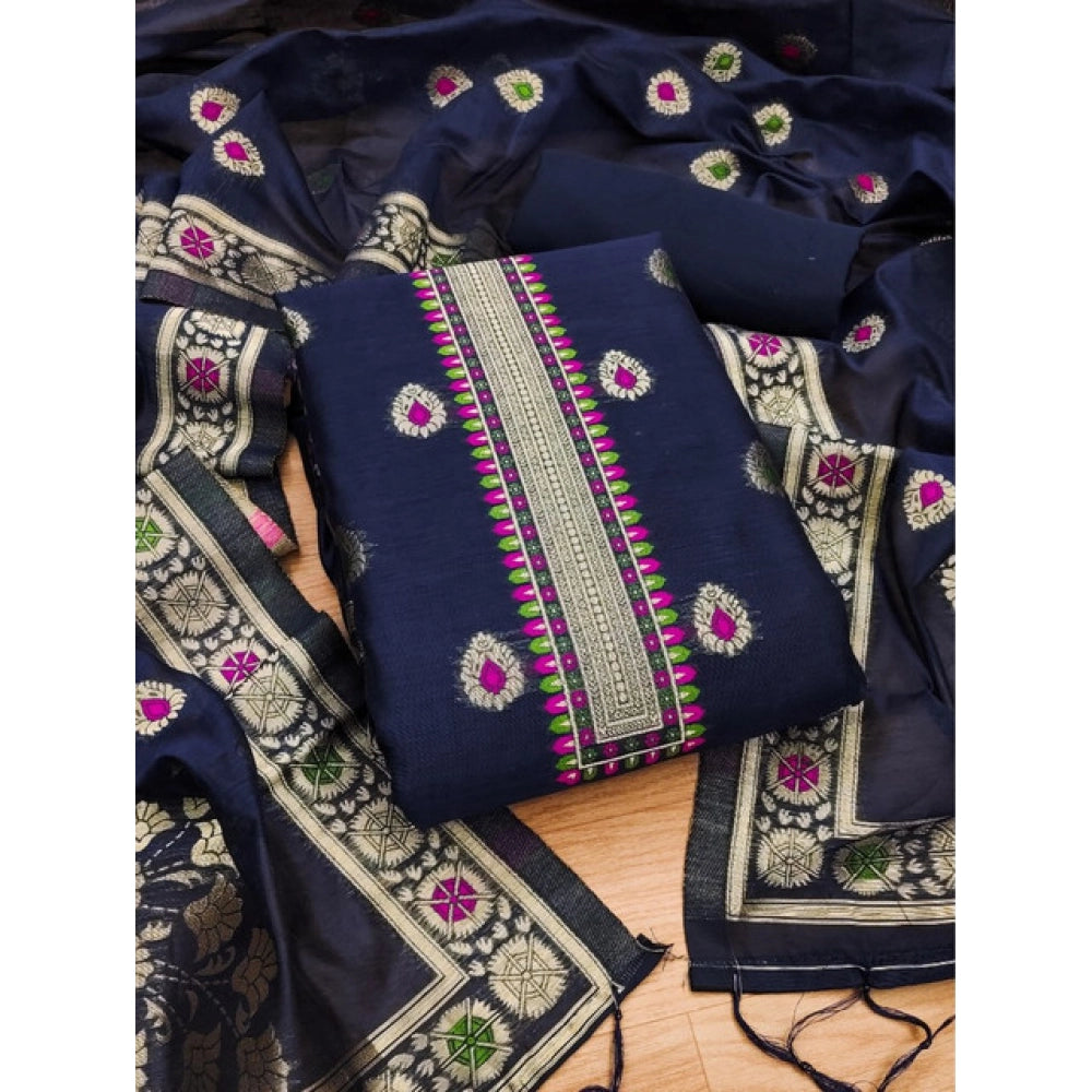 Women's Banarasi Silk Printed Unstitched Salwar Suit Material With Dupatta (Navy Blue, 3Mtrs)