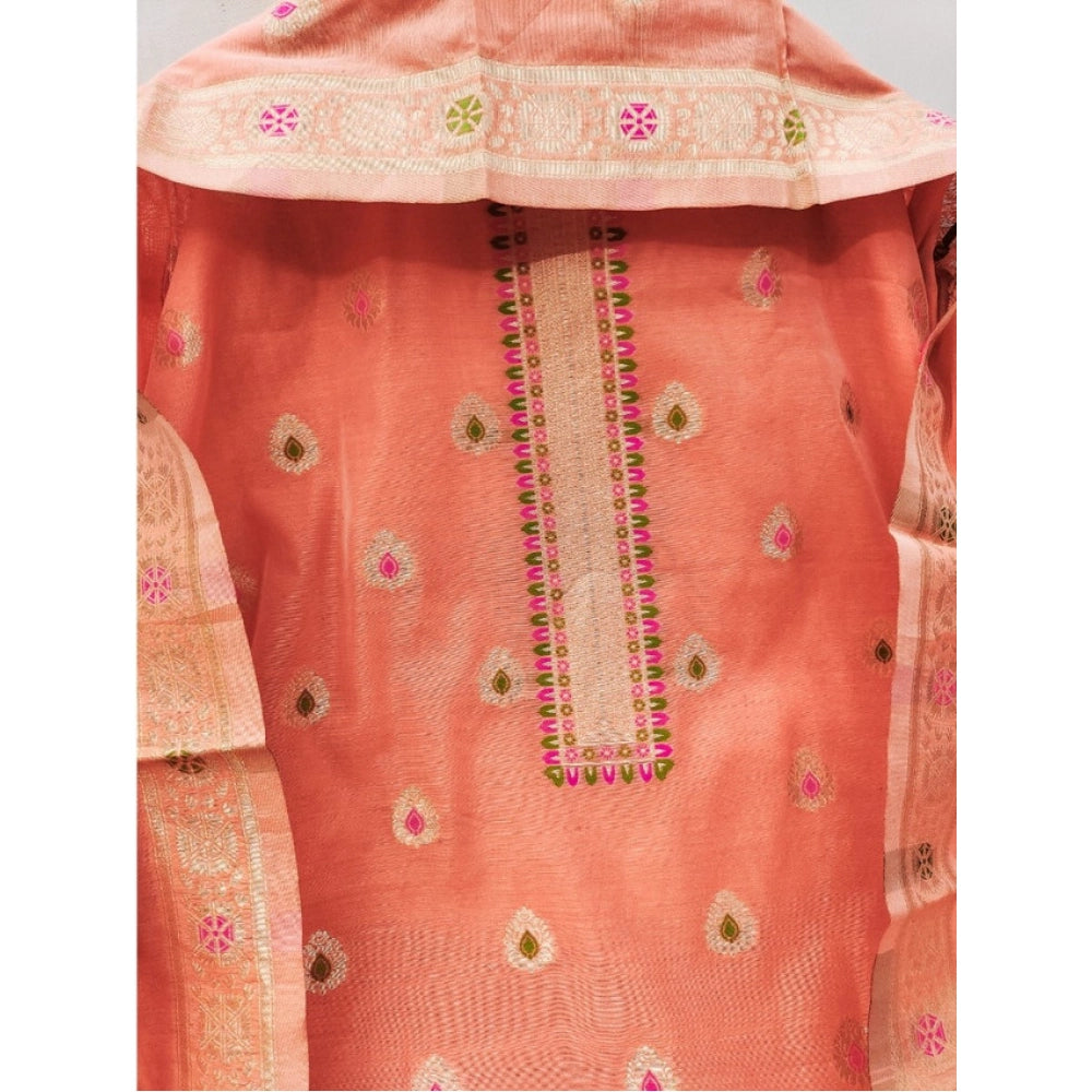 Women's Banarasi Silk Printed Unstitched Salwar Suit Material With Dupatta (Peach, 3Mtrs)