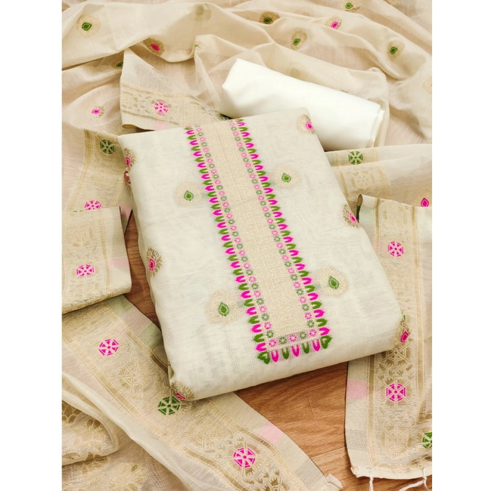 Women's Banarasi Silk Printed Unstitched Salwar Suit Material With Dupatta (White, 3Mtrs)