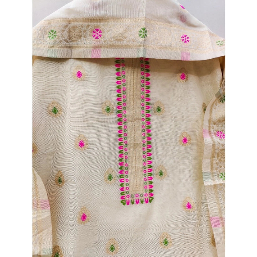 Women's Banarasi Silk Printed Unstitched Salwar Suit Material With Dupatta (White, 3Mtrs)