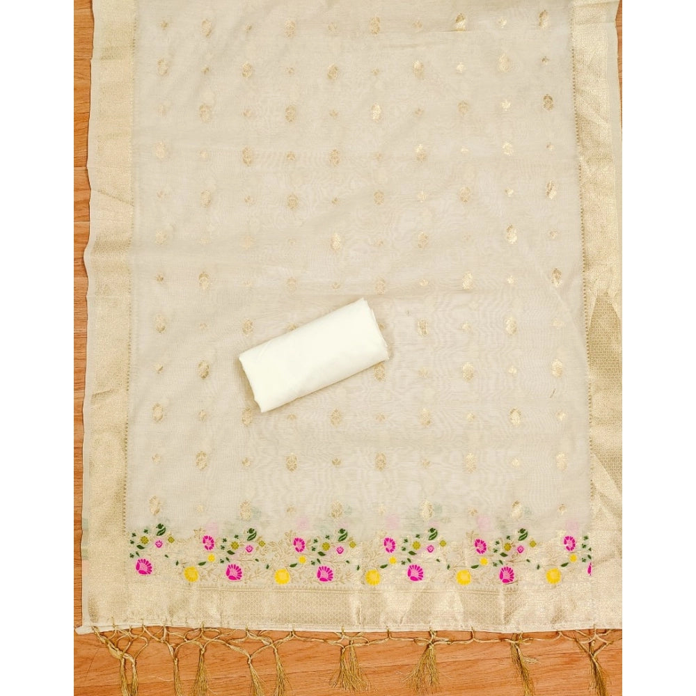 Women's Banarasi Silk Printed Unstitched Salwar Suit Material With Dupatta (White, 3Mtrs)