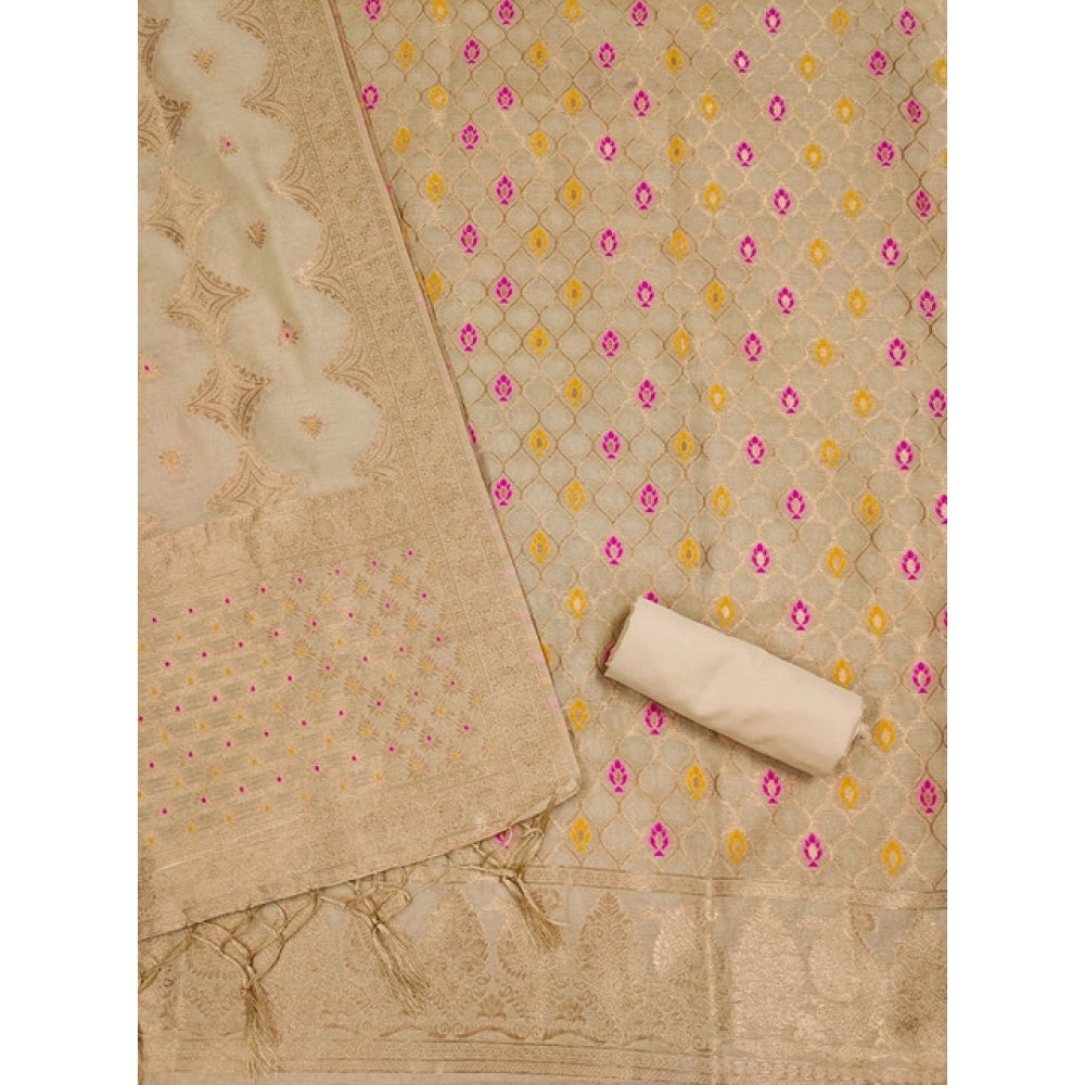 Women's Banarasi Silk Printed Unstitched Salwar Suit Material With Dupatta (Cream, 3Mtrs)