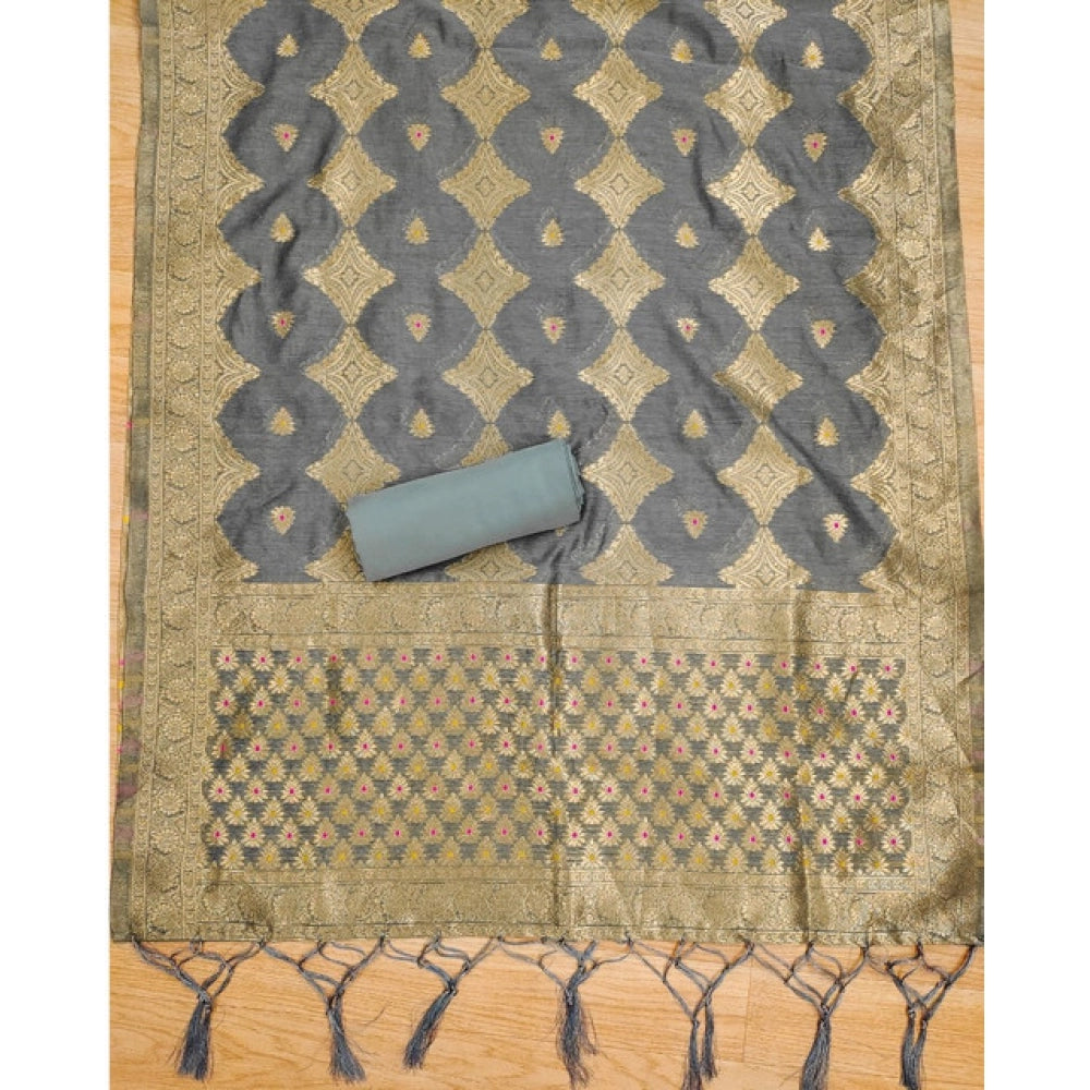 Women's Banarasi Silk Printed Unstitched Salwar Suit Material With Dupatta (Grey, 3Mtrs)