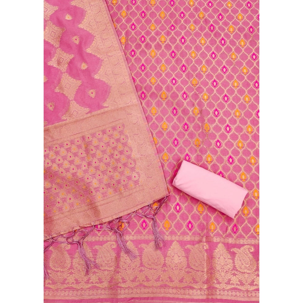 Women's Banarasi Silk Printed Unstitched Salwar Suit Material With Dupatta (Pink, 3Mtrs)