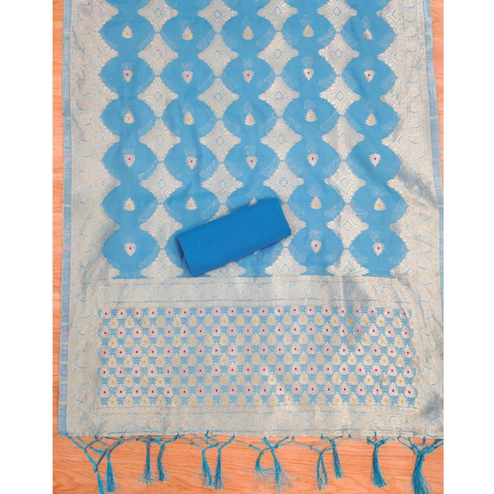 Women's Banarasi Silk Printed Unstitched Salwar Suit Material With Dupatta (Sky Blue, 3Mtrs)