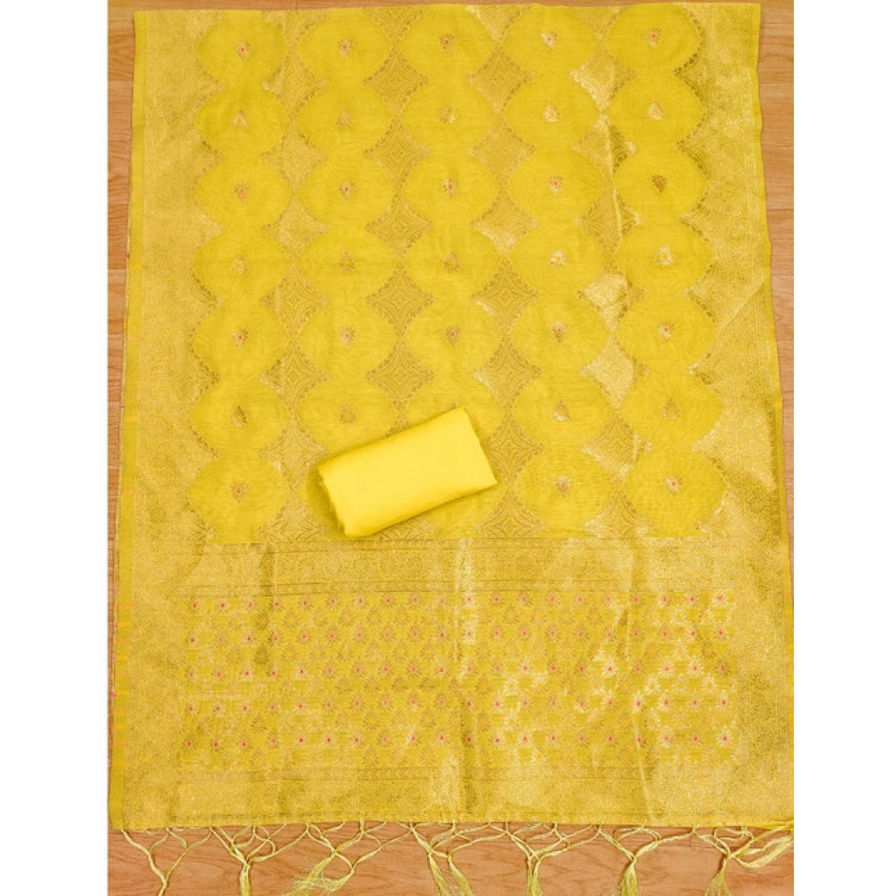 Women's Banarasi Silk Printed Unstitched Salwar Suit Material With Dupatta (Yellow, 3Mtrs)