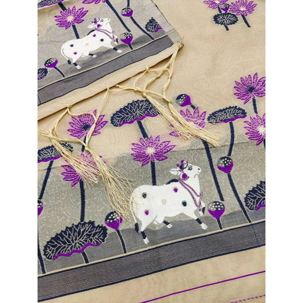 Women's Banarasi Silk Printed Unstitched Salwar Suit Material With Dupatta (Cream, 3Mtrs)