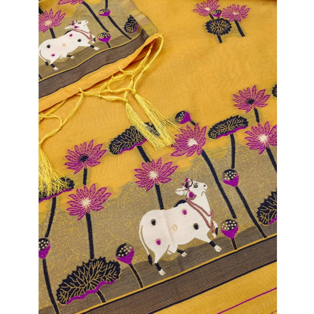 Women's Banarasi Silk Printed Unstitched Salwar Suit Material With Dupatta (Yellow, 3Mtrs)