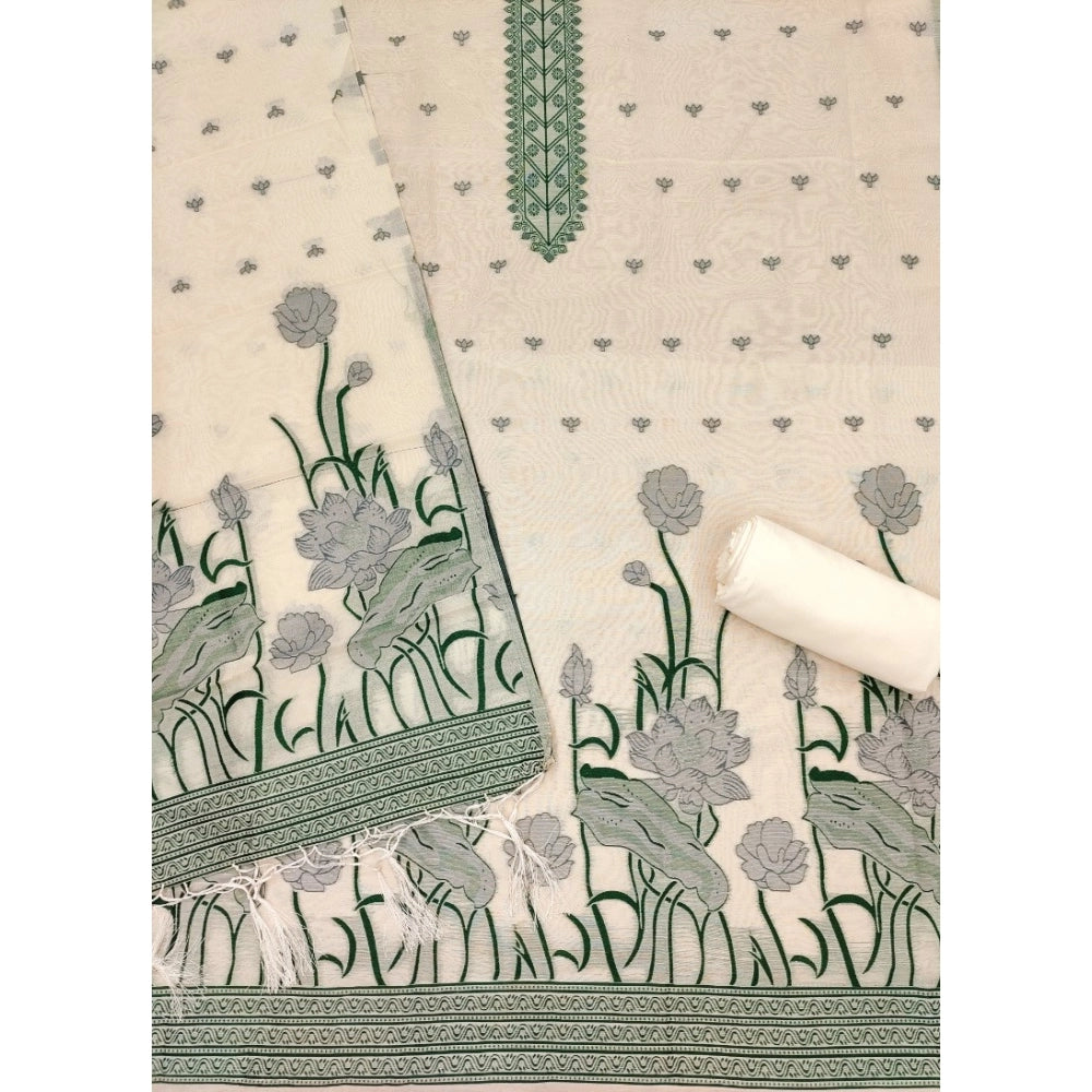 Women's Banarasi Silk Printed Unstitched Salwar Suit Material With Dupatta (OffWhite, 3Mtrs)
