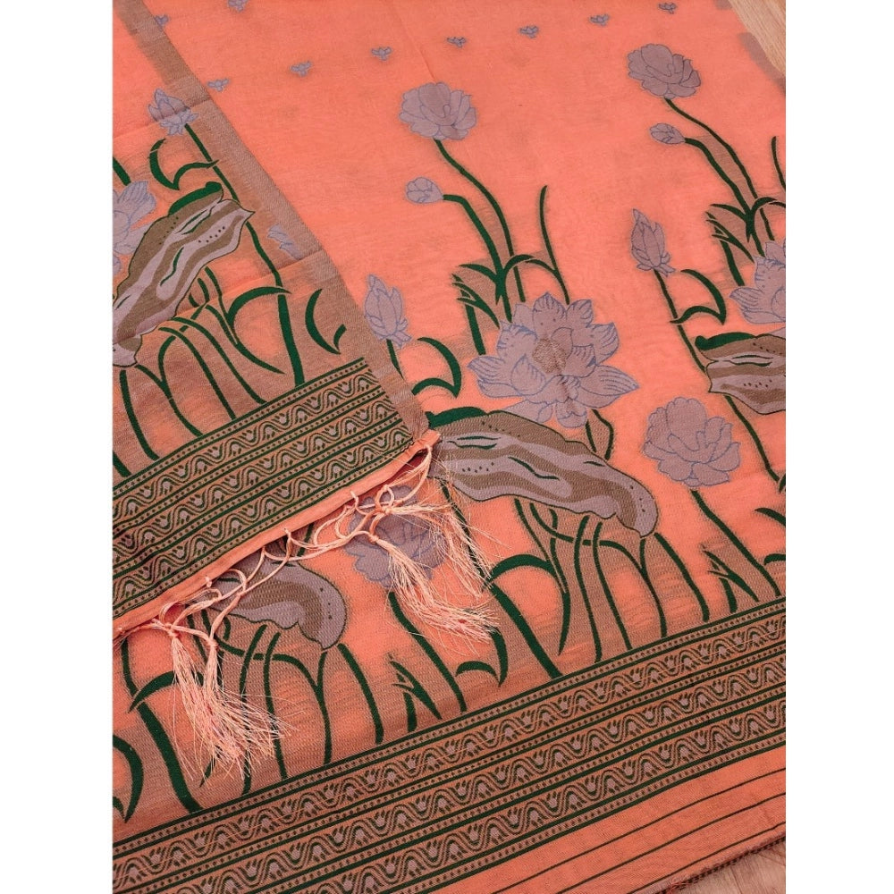 Women's Banarasi Silk Printed Unstitched Salwar Suit Material With Dupatta (Peach, 3Mtrs)