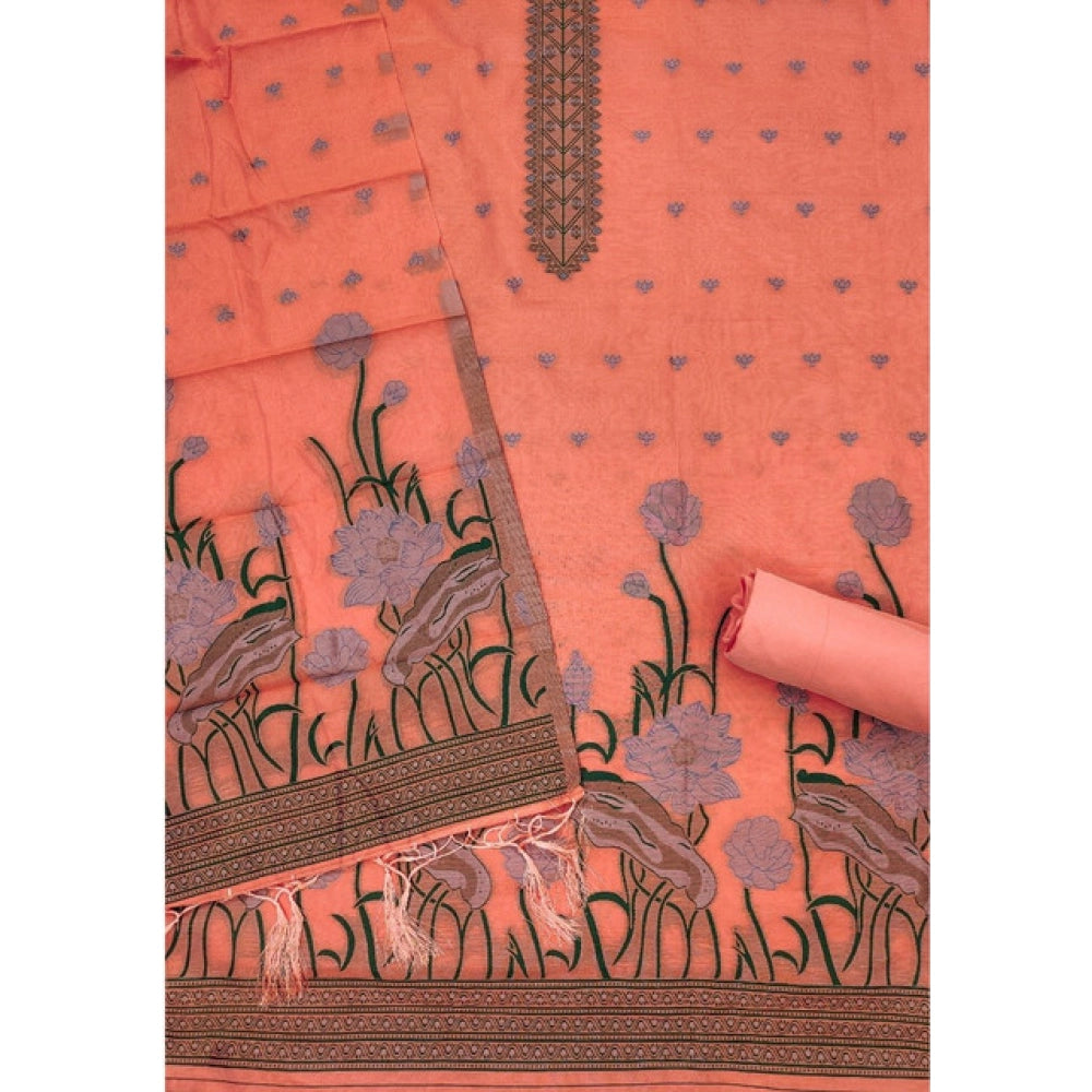 Women's Banarasi Silk Printed Unstitched Salwar Suit Material With Dupatta (Peach, 3Mtrs)