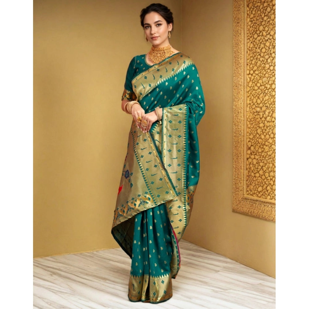 Women's Silk Blend Zari Weaving Saree With Unstitched Blouse 5.5Mtr (Rama)