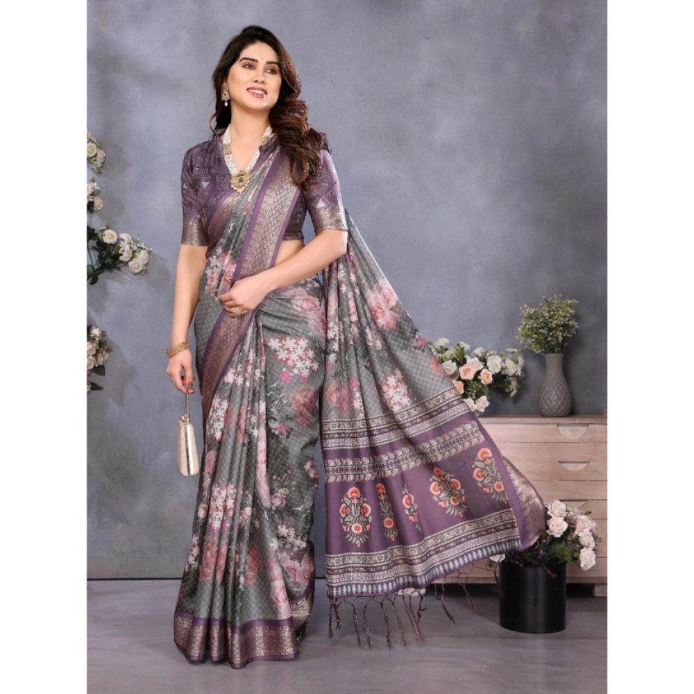 Women's Cotton Silk Printed Saree With Unstitched Blouse 5.5Mtr (Wine )
