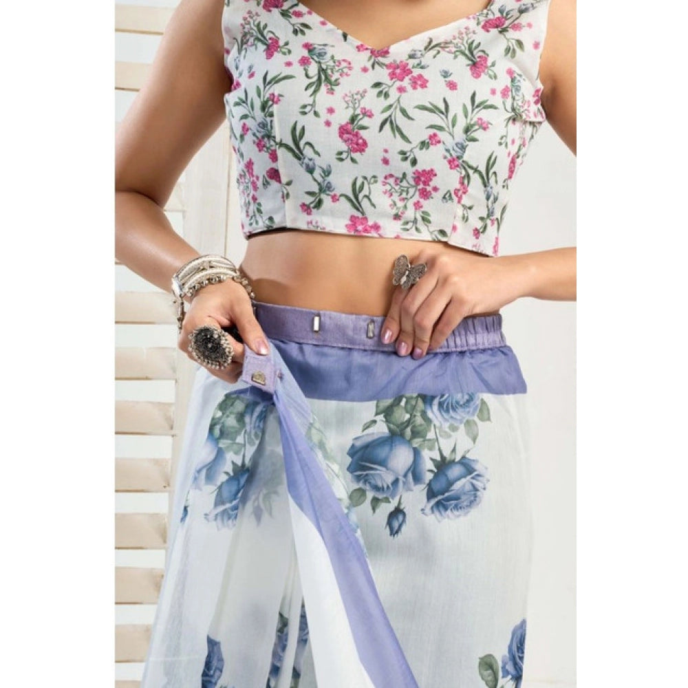 Women's Faux_Linen Printed Ready-to-Wear Saree With Unstitched Blouse 5.5 Mtr (White)