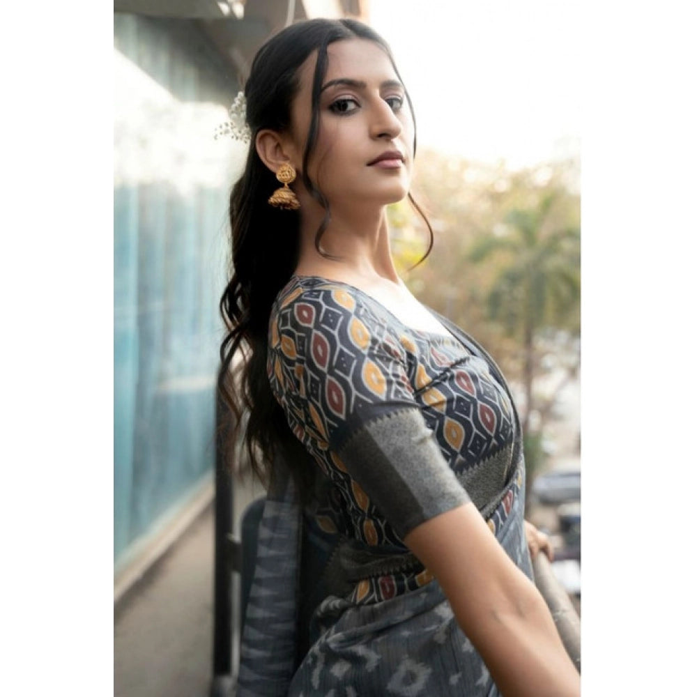 Women's Polyester Printed Saree With Unstitched Blouse 5.5 Mtr (Grey)