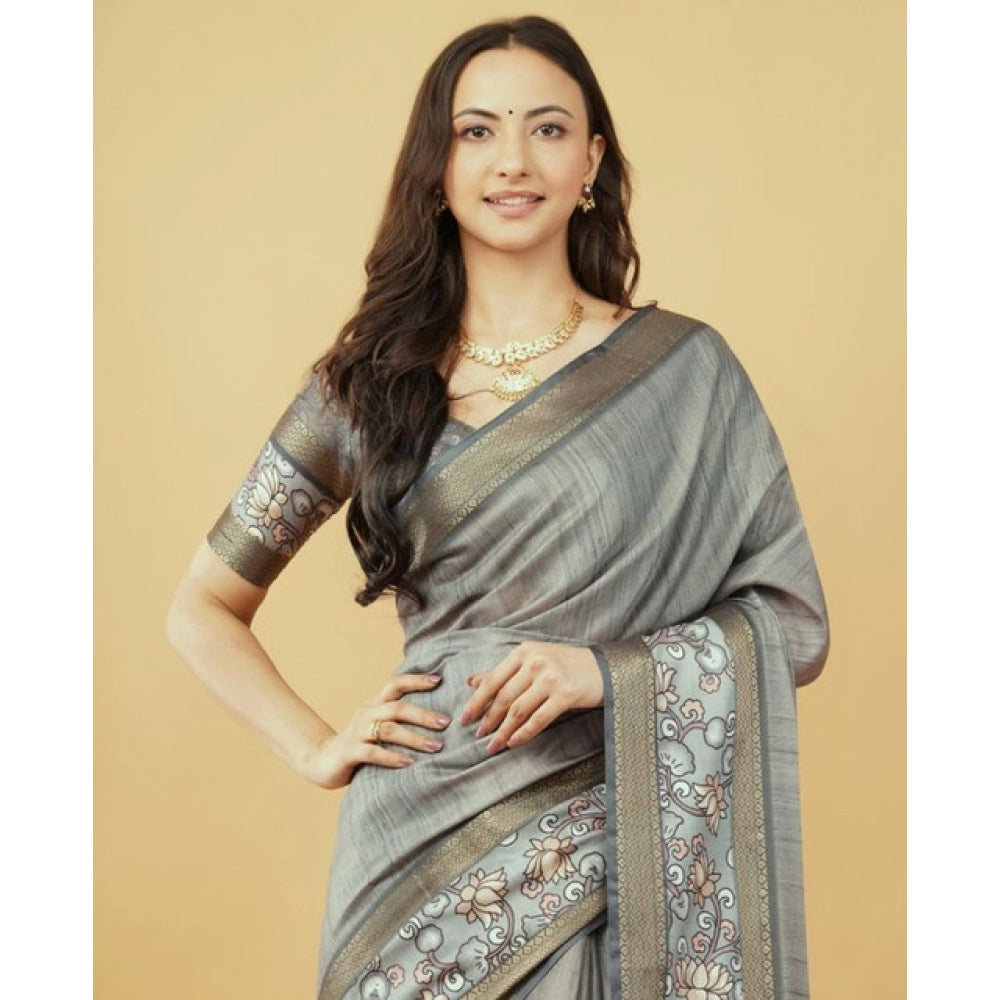 Women's Polyester Printed Saree With Unstitched Blouse 5.5 Mtr (Grey)