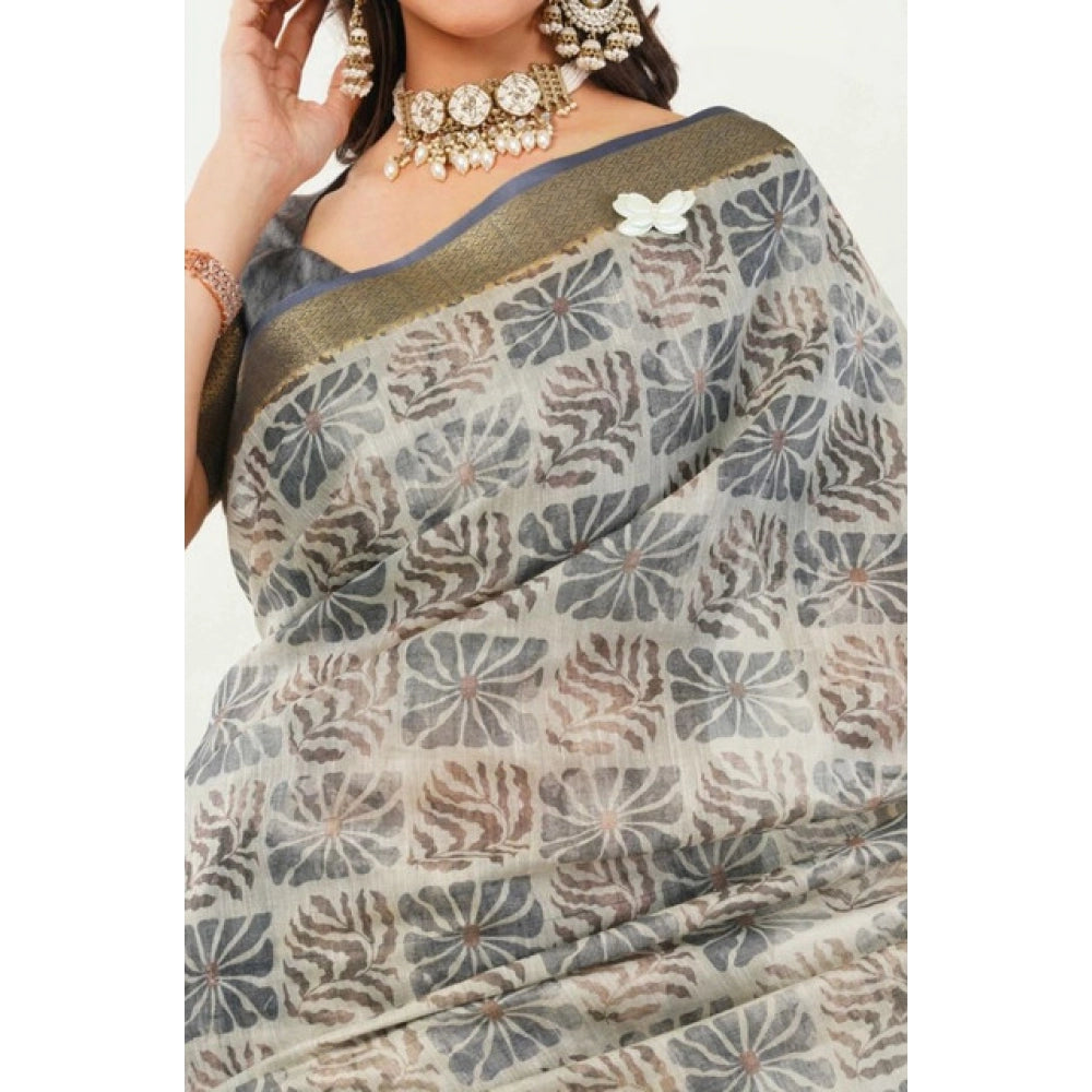 Women's Polyester Printed Saree With Unstitched Blouse 5.5 Mtr (Grey)