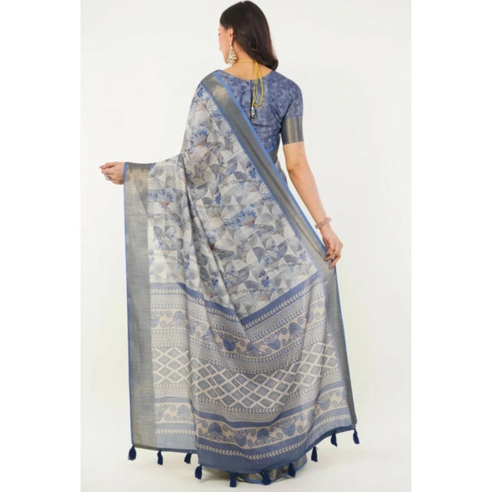 Women's Polyester Printed Saree With Unstitched Blouse 5.5 Mtr (Grey)