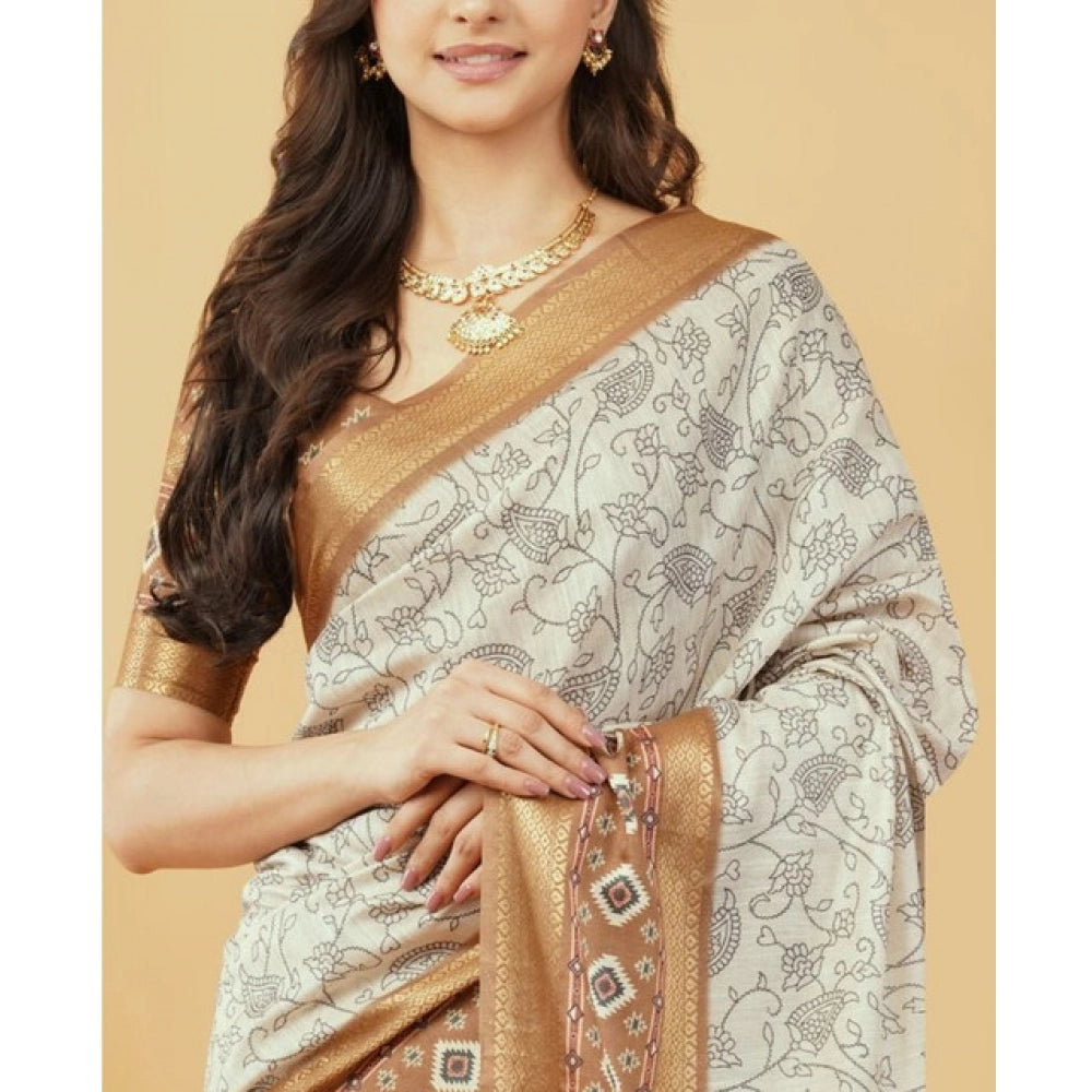 Women's Polyester Printed Saree With Unstitched Blouse 5.5 Mtr (Off-White)