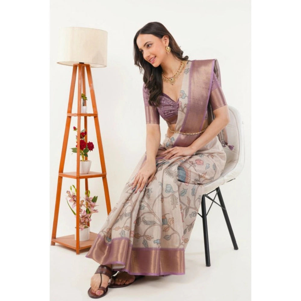 Women's Polyester Printed Saree With Unstitched Blouse 5.5 Mtr (Cream)