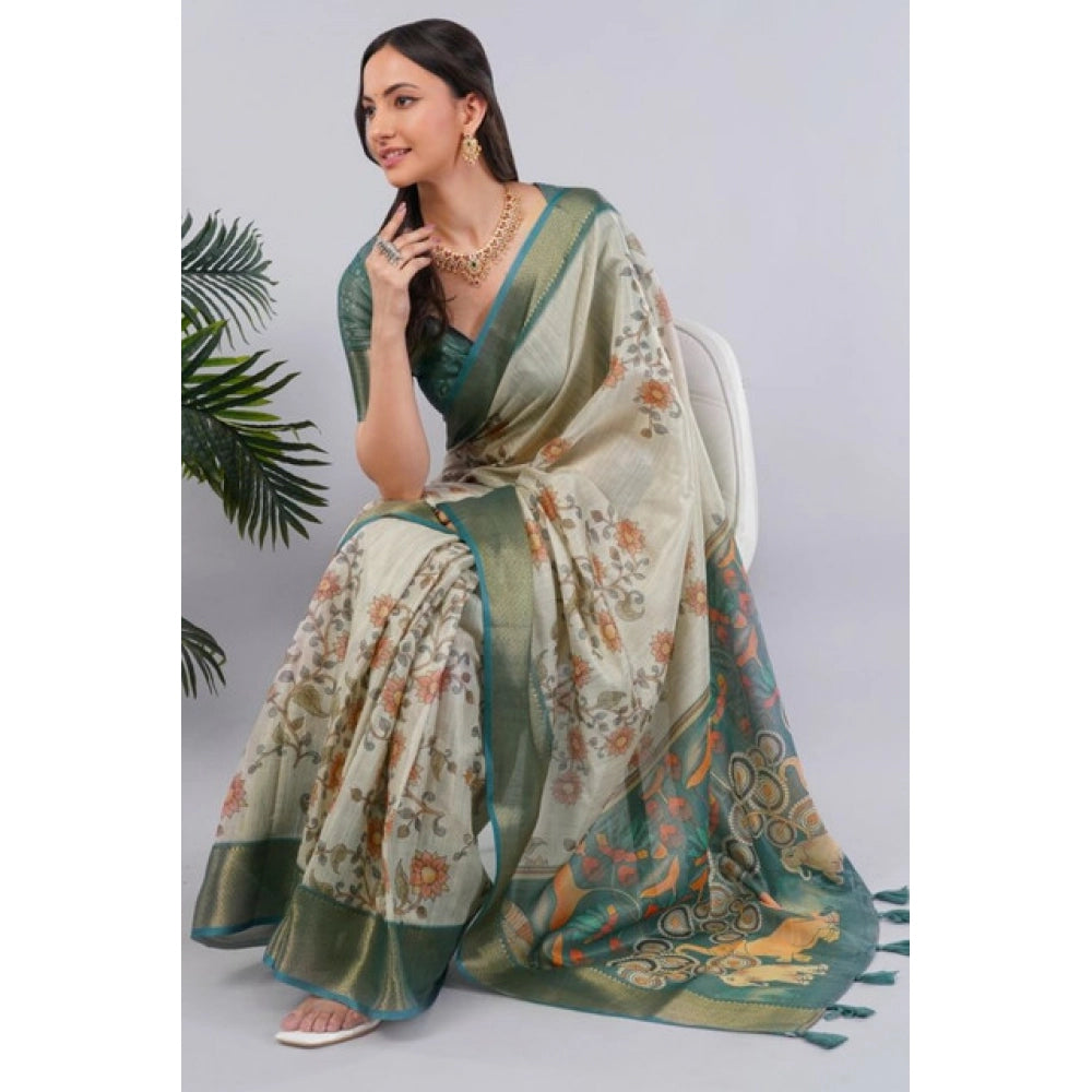 Women's Polyester Printed Ready To Wear Saree With Unstitched Blouse 5.5 Mtr (Beige)