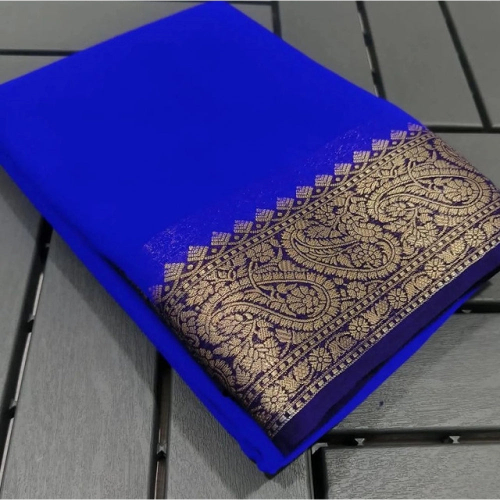 Women's Crepe Chit Pallu Solid Saree With Unstitched Blouse 5.5Mtr (Navy Blue)