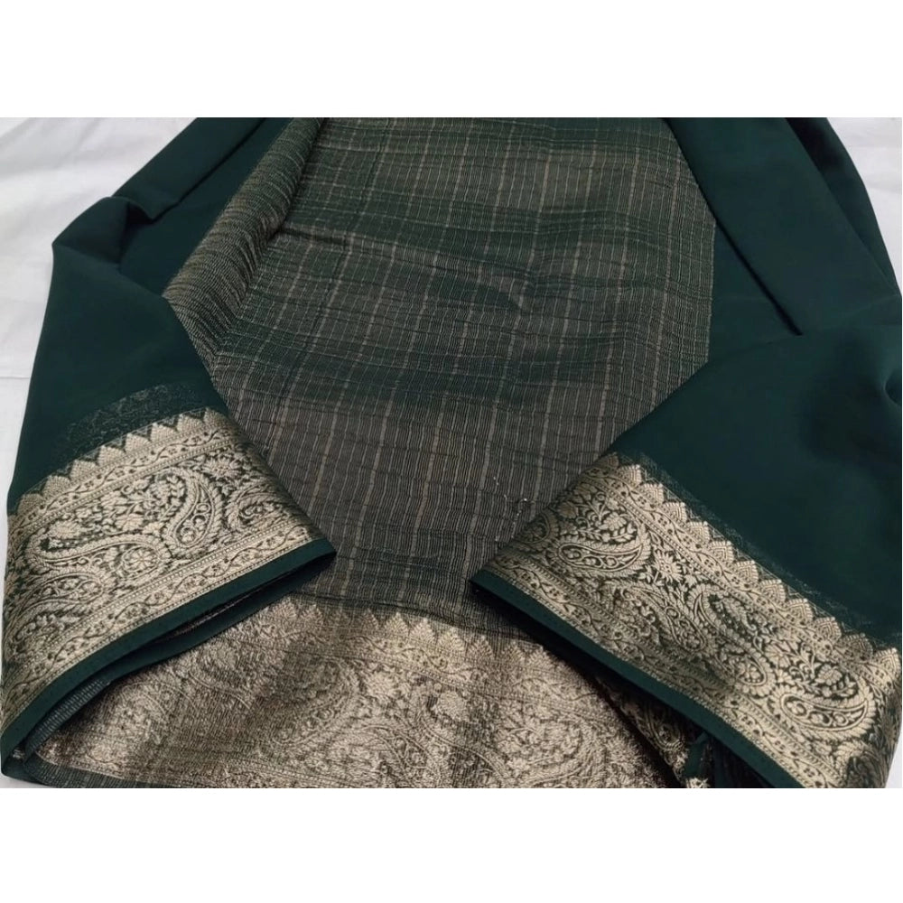 Women's Crepe Chit Pallu Solid Saree With Unstitched Blouse 5.5Mtr (Bottle Green)