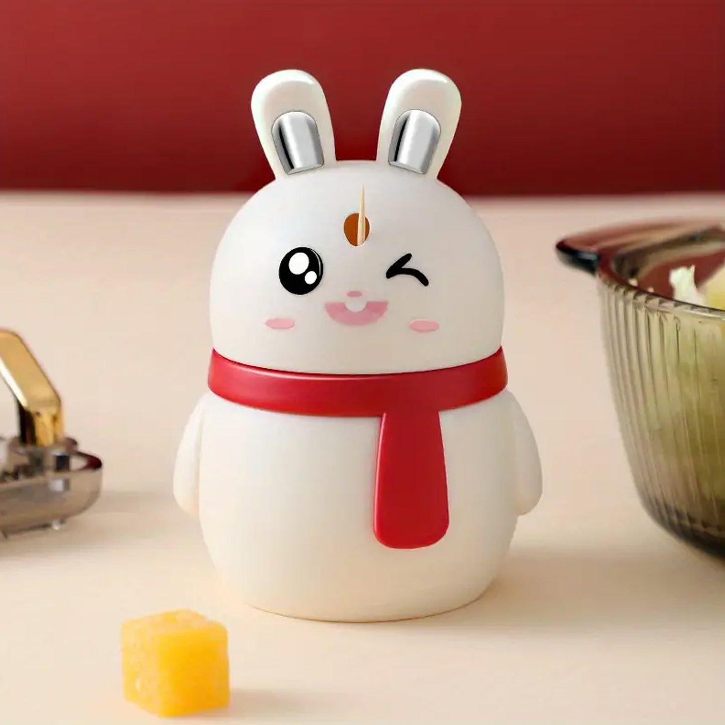 8842 Rabbit Shape Toothpick Dispenser Pressing Small Size Accessory Durable Red Home Garden Kitchen Dining Bar Kitchen Storage Organization Racks Holders Dining Room Table Decoration (1 Pc )