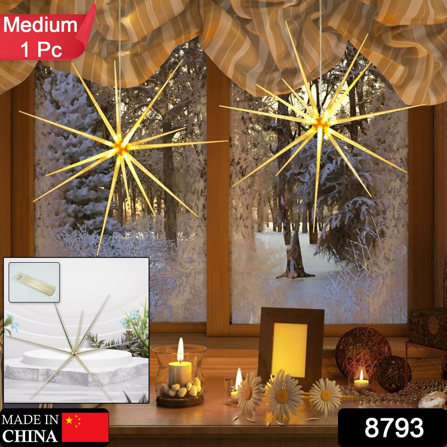 3d Gold Star Hanging Decoration Star Acrylic Look Hanging Luminous Star For Windows Home Garden Festive Embellishments For Holiday Parties Weddings Birthday Home Decoration ( Big Medium Small )