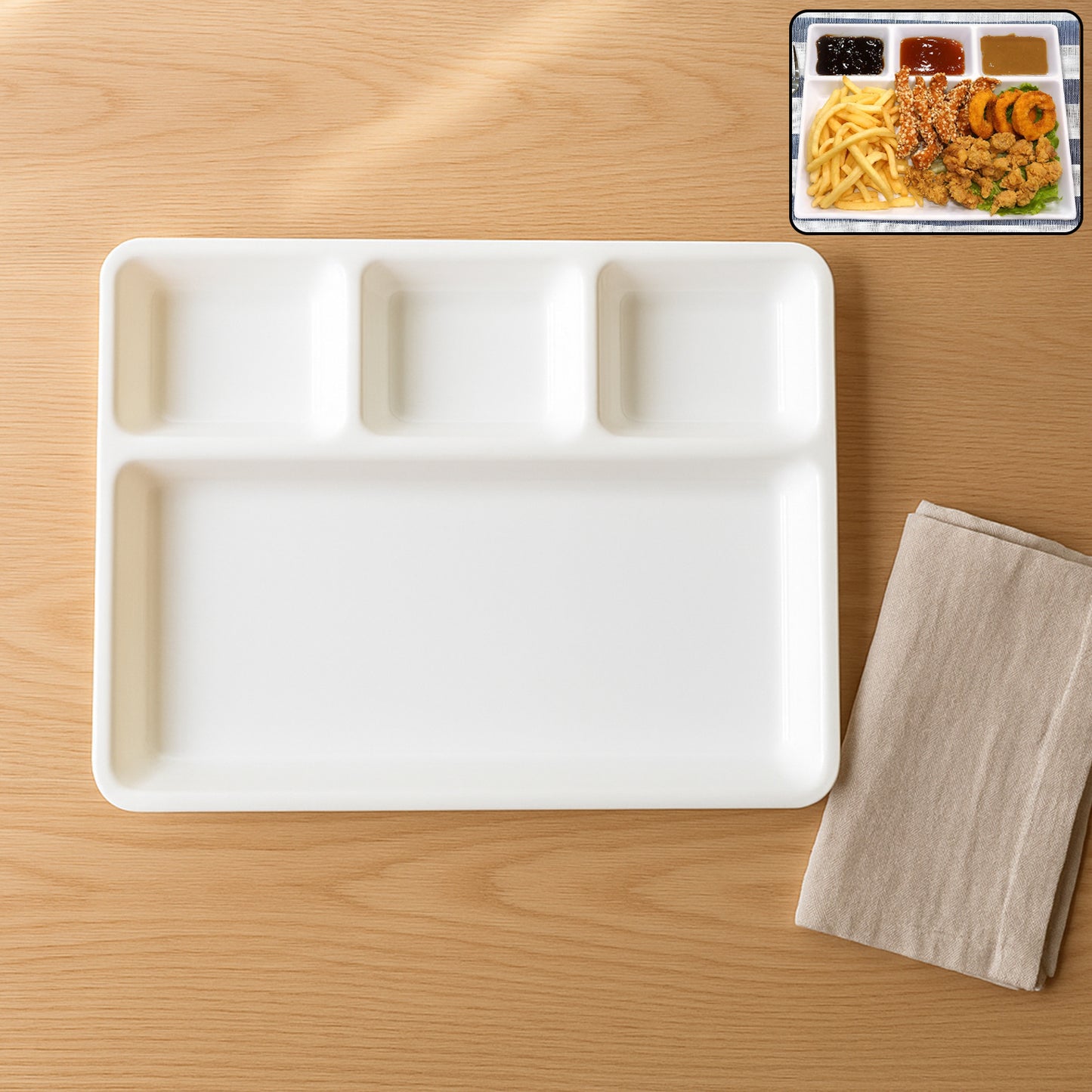 Plastic 4-compartment Rectangular Meal Serving Tray Plate (1 Pc White)