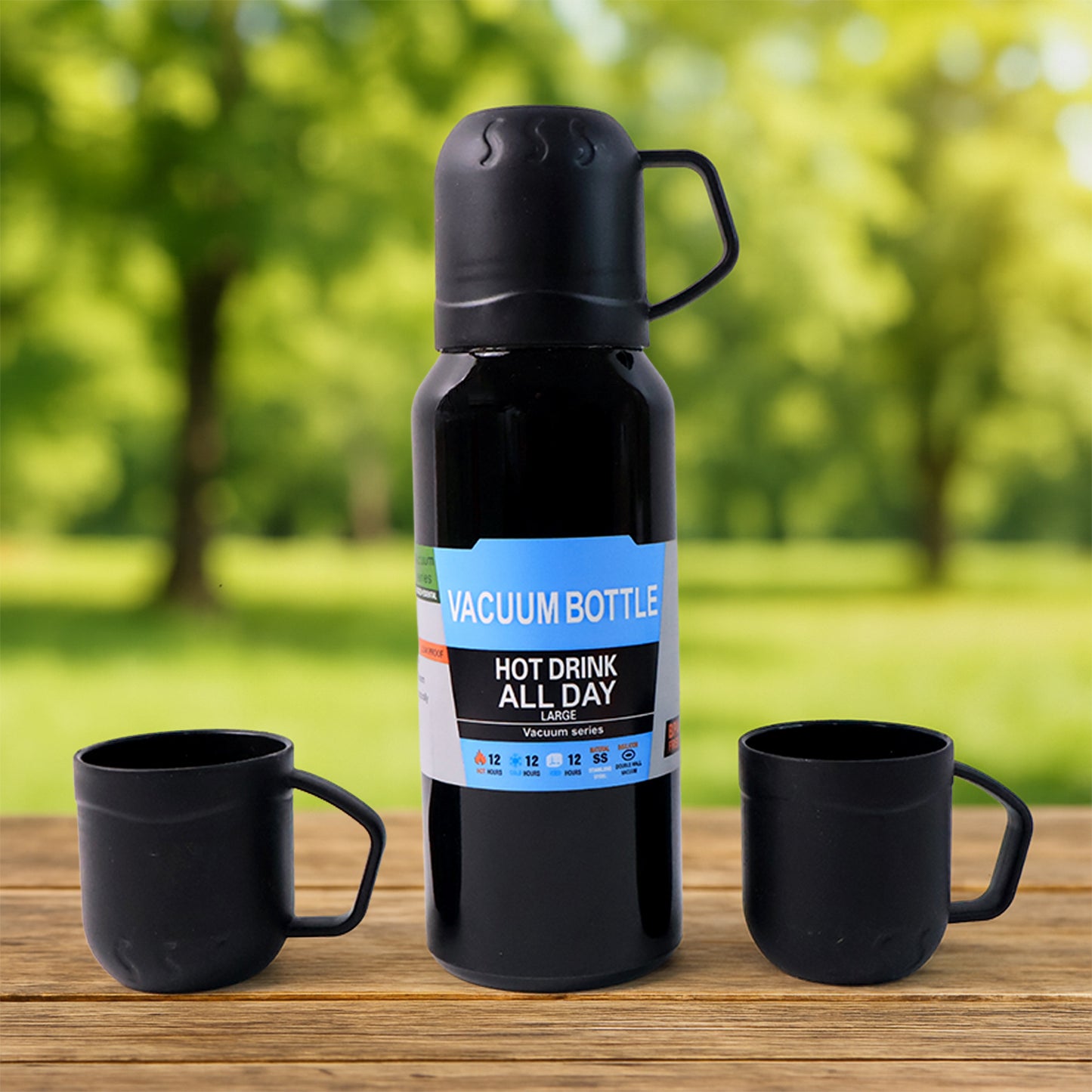 Black Vacuum Flask Set Stainless Steel Thermos With 3 Cups Approx 500ml