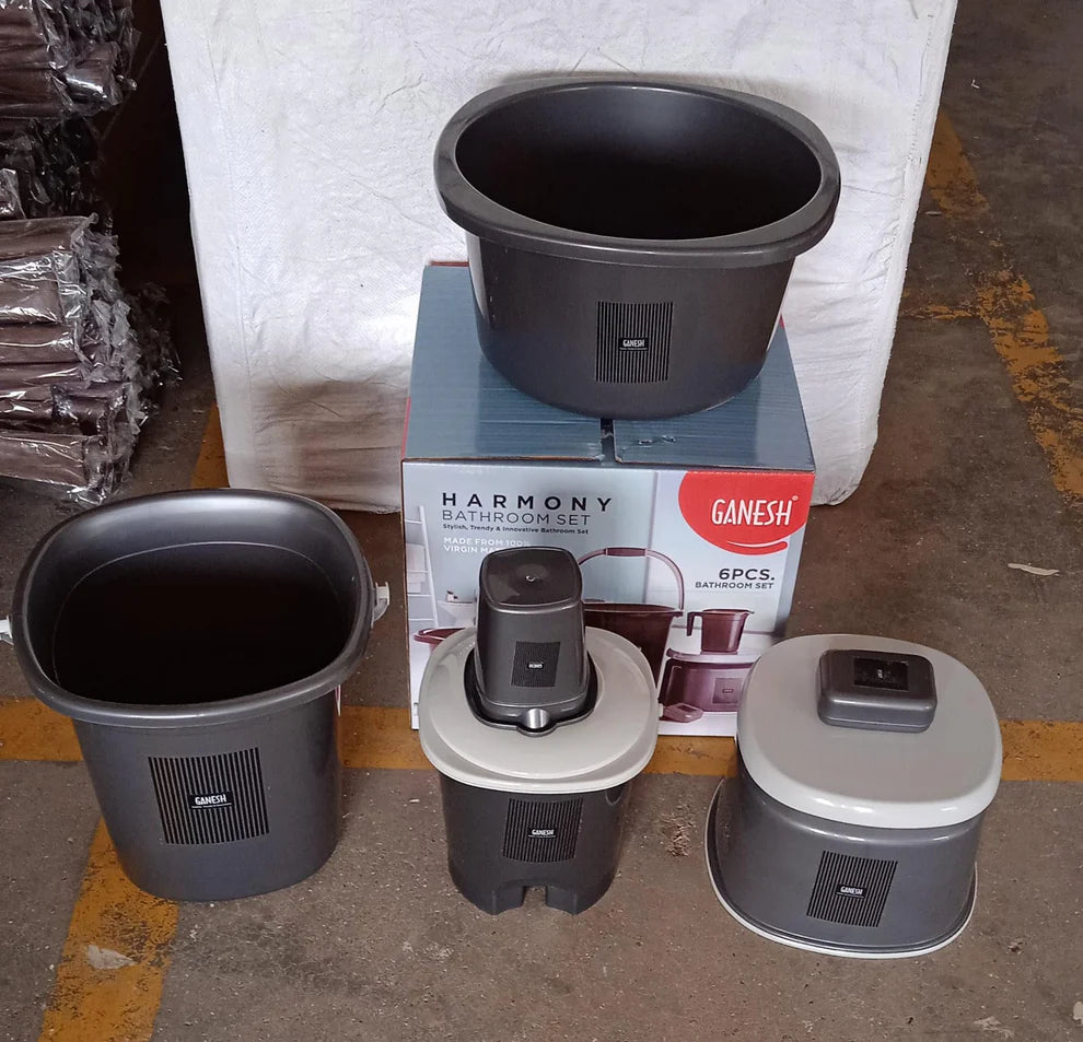 8701 Plastic Bathroom Accessories Set 6 Pcs Bath Set Bathroom Bucket With Dustbin Mug Stool Soap Casetub
