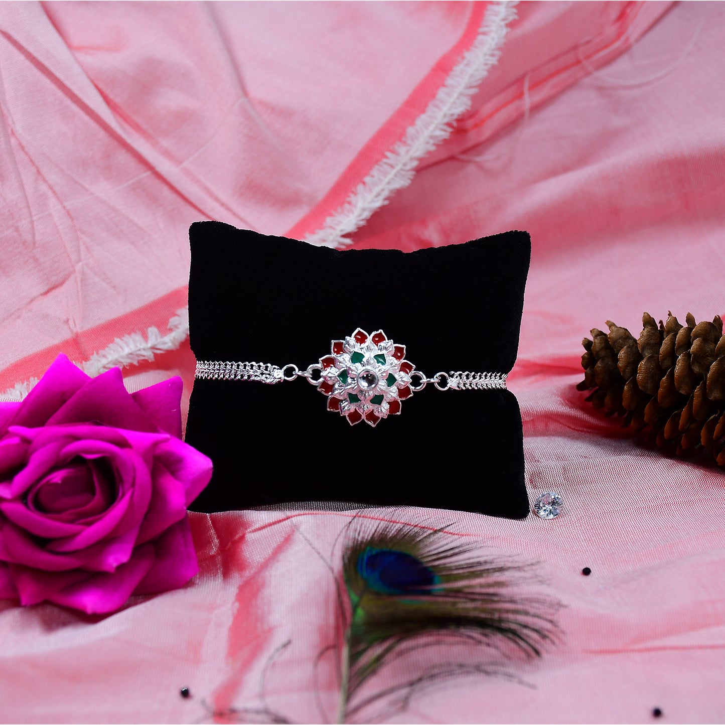 Traditional Floral Rakhi With Red Green Stones Silver Designer Rakhi For Brother