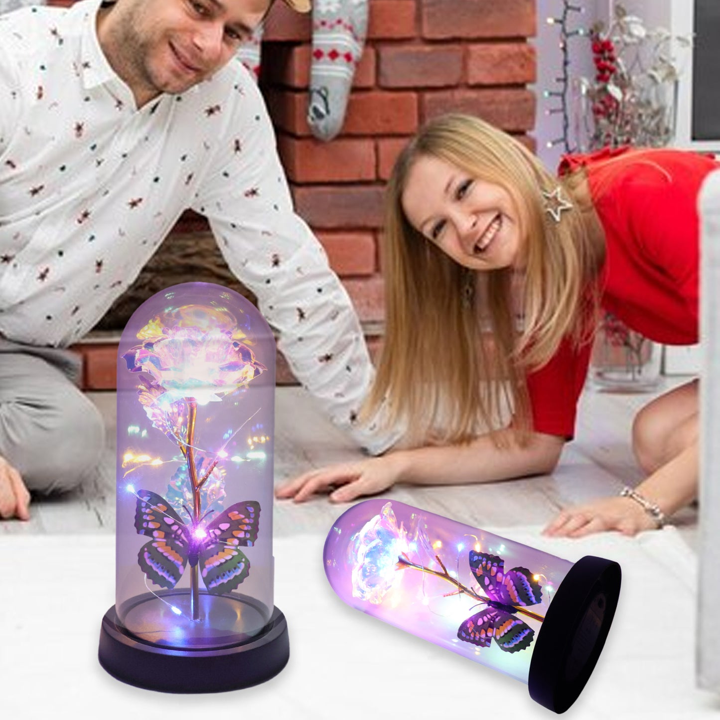 Led Light-up Eternal Rose With Butterfly In Transparent Dome (1 Pc Battery Not Included)