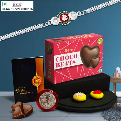Rakhi Gift Combo With 1 Premium Rakhi For Brother Includes Choco Beats Box Silver Coin Roli Chawal Greeting Card