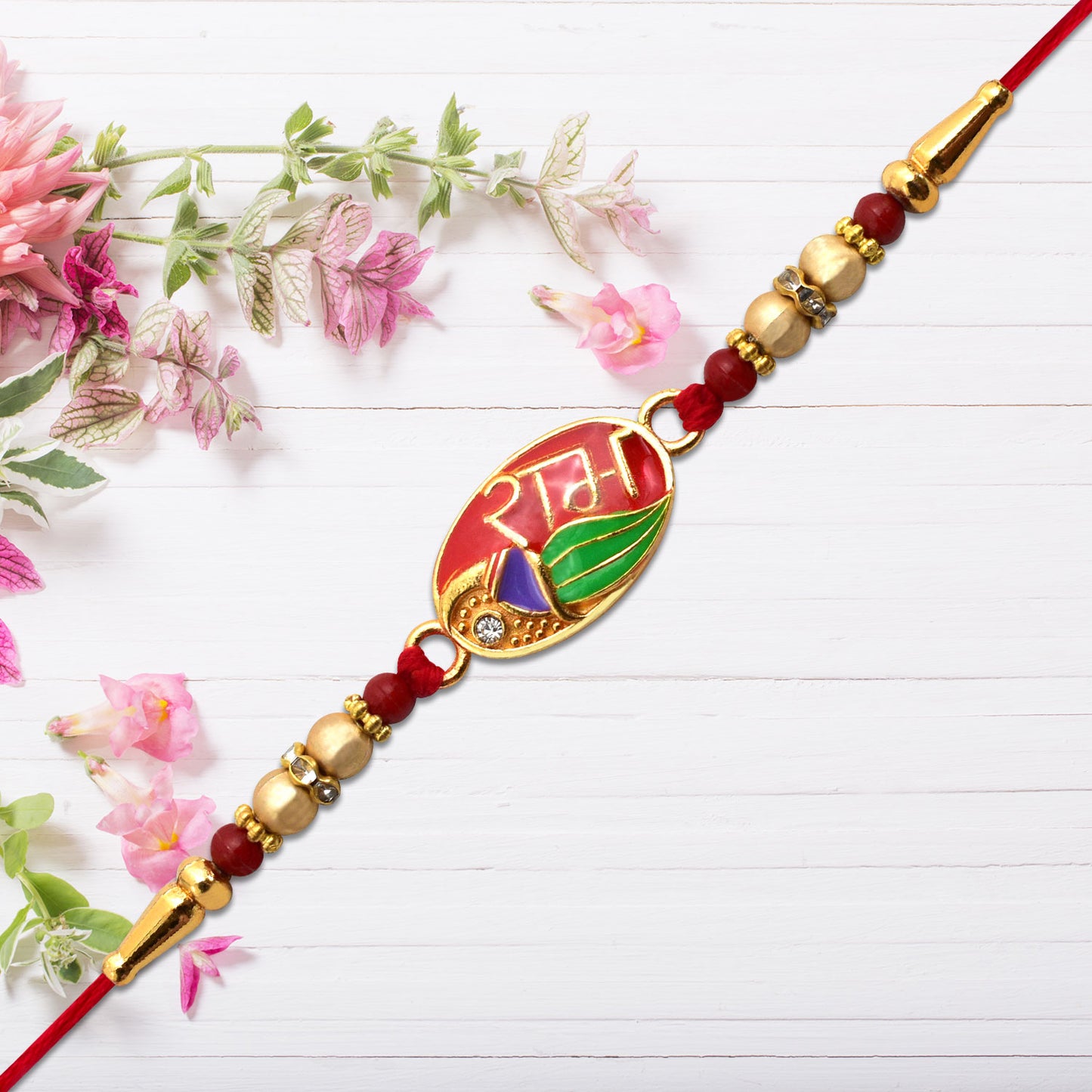 Ram Name Rakhi With Leaf Motif Enamel Design