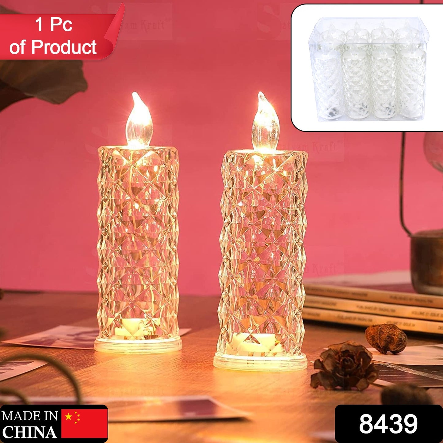 8439 Rose Candles Led Flameless And Smokeless Decorative Acrylic Transparent Candles Led Tea Light Candle Perfect For Gifting Home Diwali Christmas Crystal Candle Lights (1 Pc) (Moq - 12 Pc )
