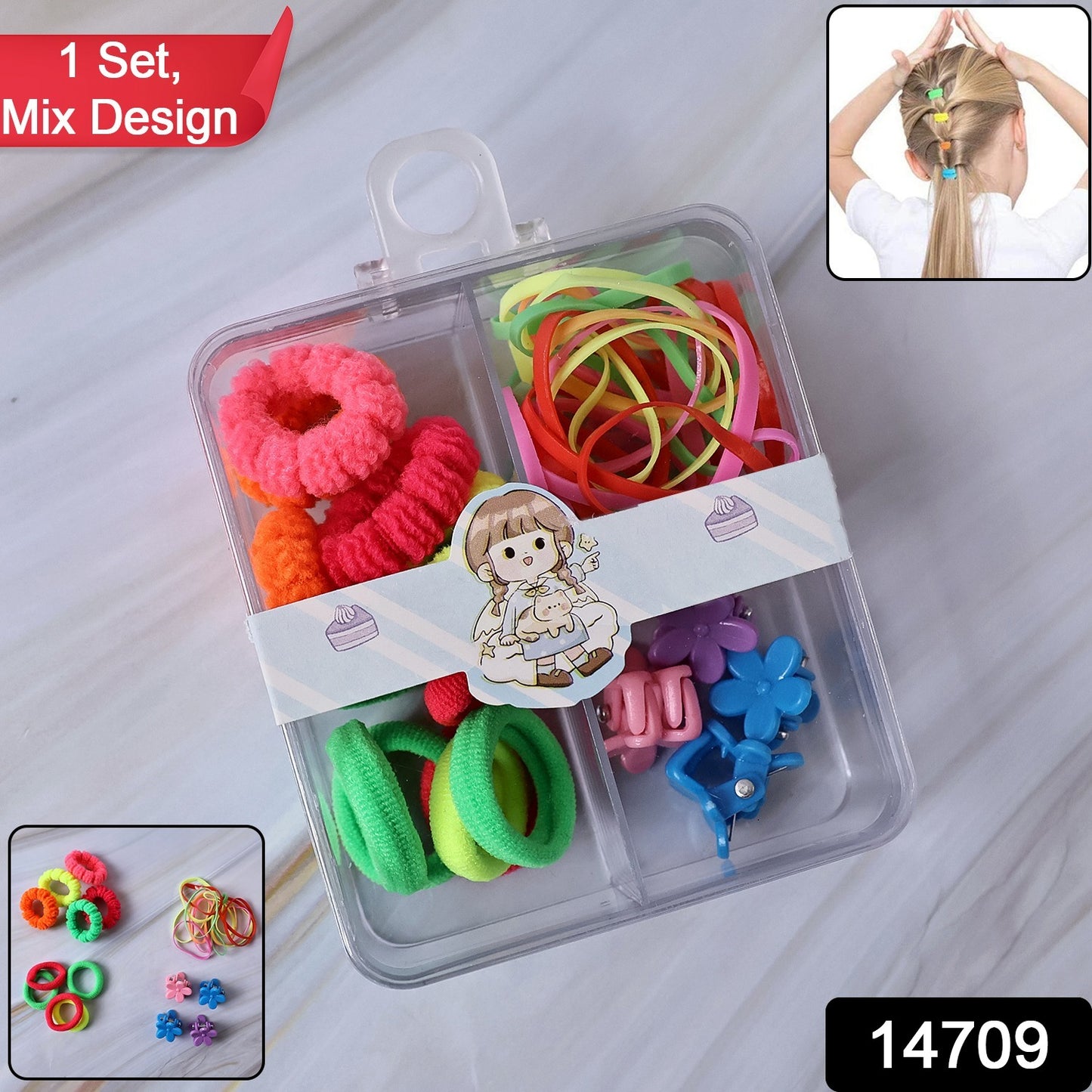 Kids Hair Bands Rubber Bands Cute Hair Clips In Storage Box (Mix Design 1 Set)