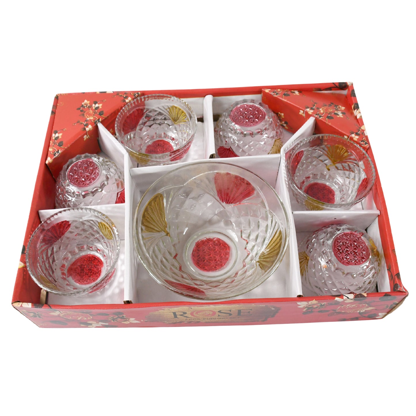 8234 Rose Glass Multipurpose Pudding Dessert Ice Cream Bowl Set For Home Use Home Kitchen Serving Bowl For Sundae Sweets Snacks Fruit Pudding Nuts Or Dip Serving Bowls 6 Medium 1 Big Bowl (Set Of 7 Pc)