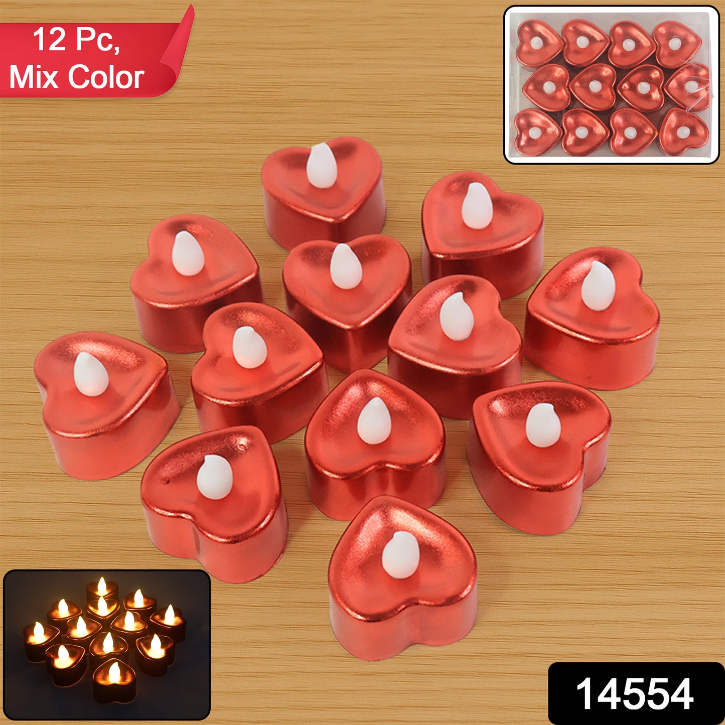 Heart Shaped Led Tea Light Candles (Mix Color 12 Pc)