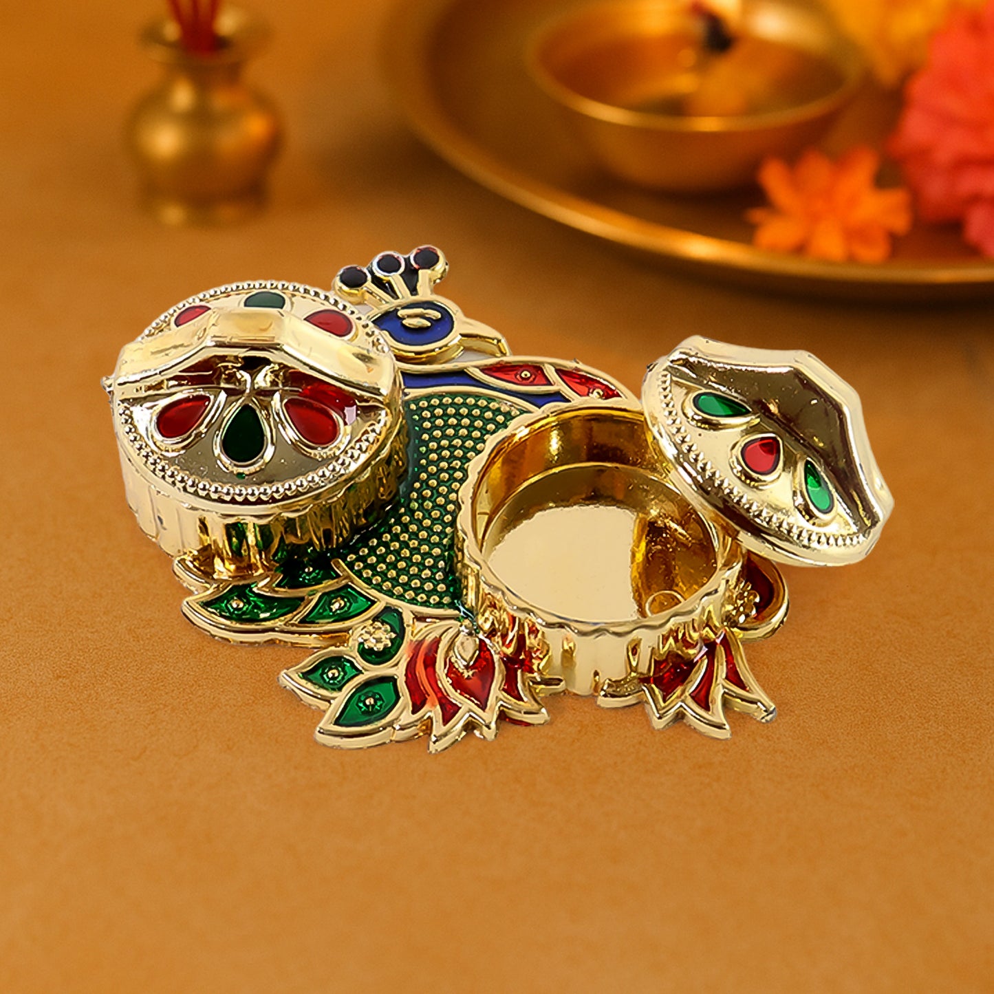 Peacock Design Metal Kumkum Rolichawal Box - (1 Pc)