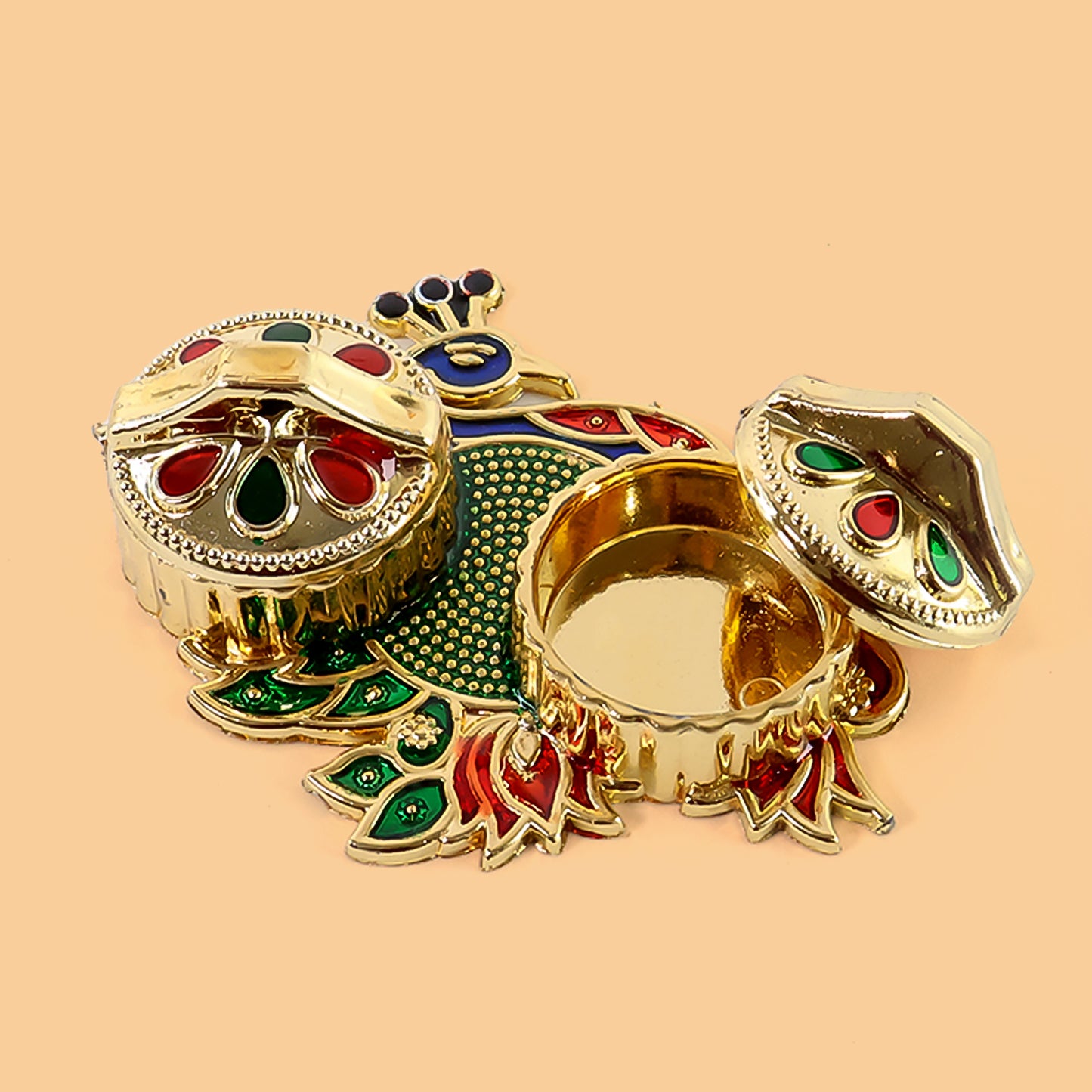 Peacock Design Metal Kumkum Rolichawal Box - (1 Pc)