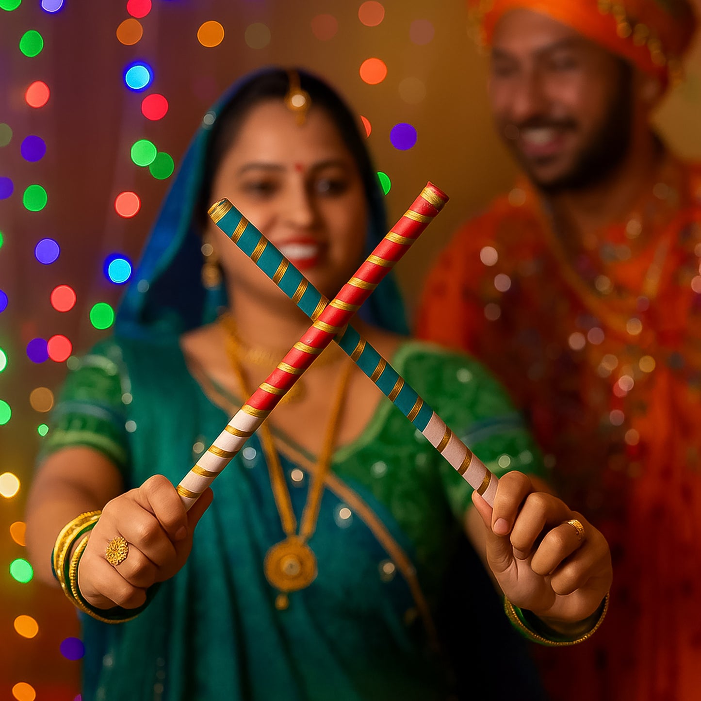 Traditional Decorative Dandiya Sticks Pair For Navratri Garba (2 Pc)
