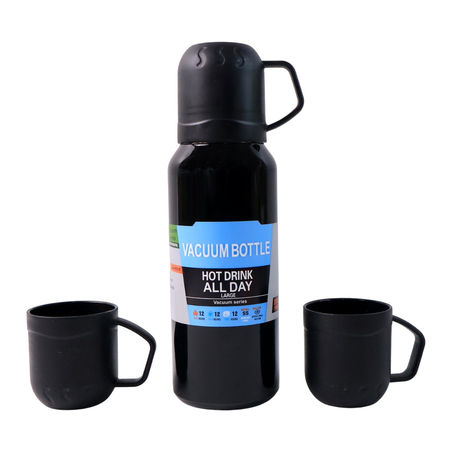 Black Vacuum Flask Set Stainless Steel Thermos With 3 Cups Approx 500ml