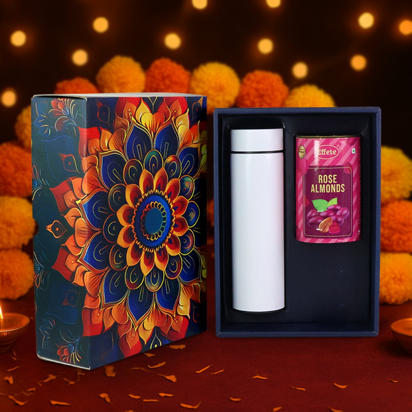 Effete Rose Almonds Gift Hamper Golden With Bottle (2 Pc Set)