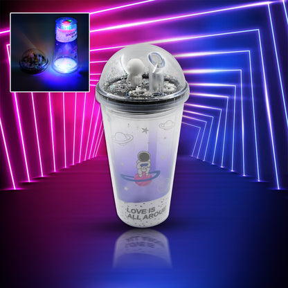 6883b  Led Glow Light Design Printed Insulated Double Wall Plastic Tumbler Cups With Straws 13oz Theming Astronaut In Space Travel Tumbler Freezer Mug Drinking Cups For Boys And Girls Schooltuitiongym Picnic (Pack Of 1)