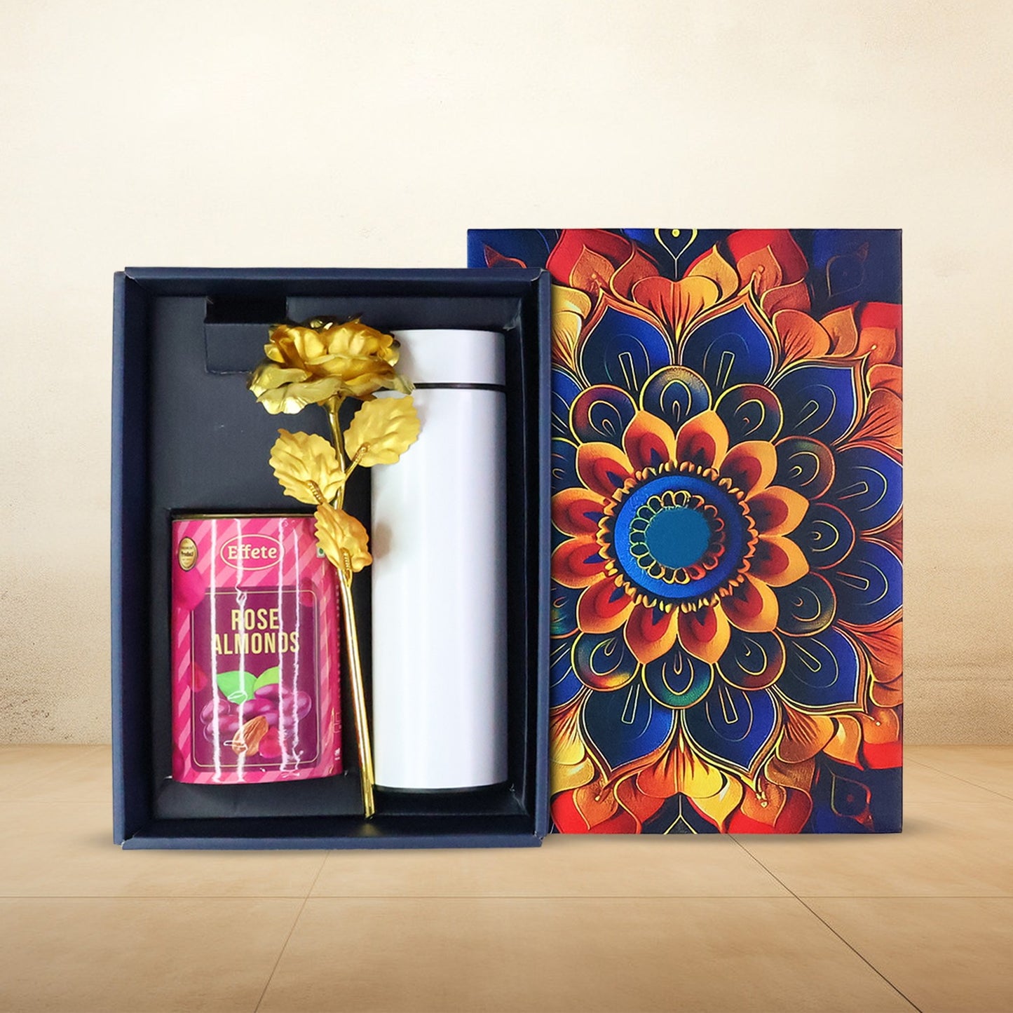Effete Rose Almonds Gift Hamper Golden Rose With Bottle (3 Pc Set)
