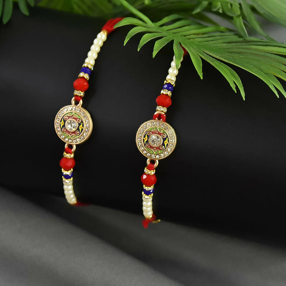 65479 Premium Rakhi  Bracelet Combo  Traditional Kundan Work Rakhi With Pearls And Elegant Golden Bracelet For Bhaiya Bhabhi Set (3 Pcs)